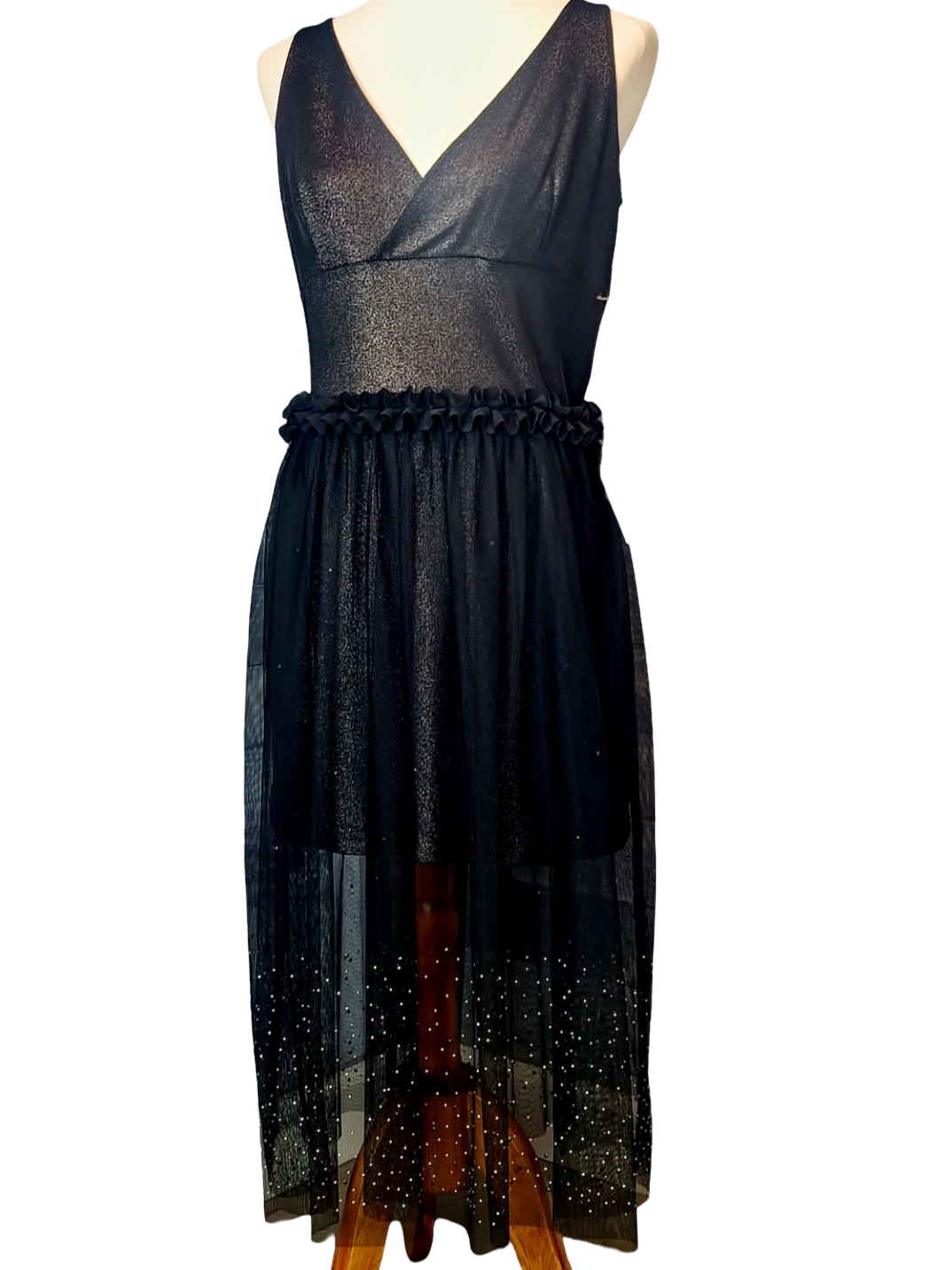 Fabulously and Stretchy Dress. Take your life to the max!!! Be environmentally conscious. This Sexy and stretchy dress is the max. We added mesh fabric with beautiful beads details to create volume and leg coverage. Very feminine...