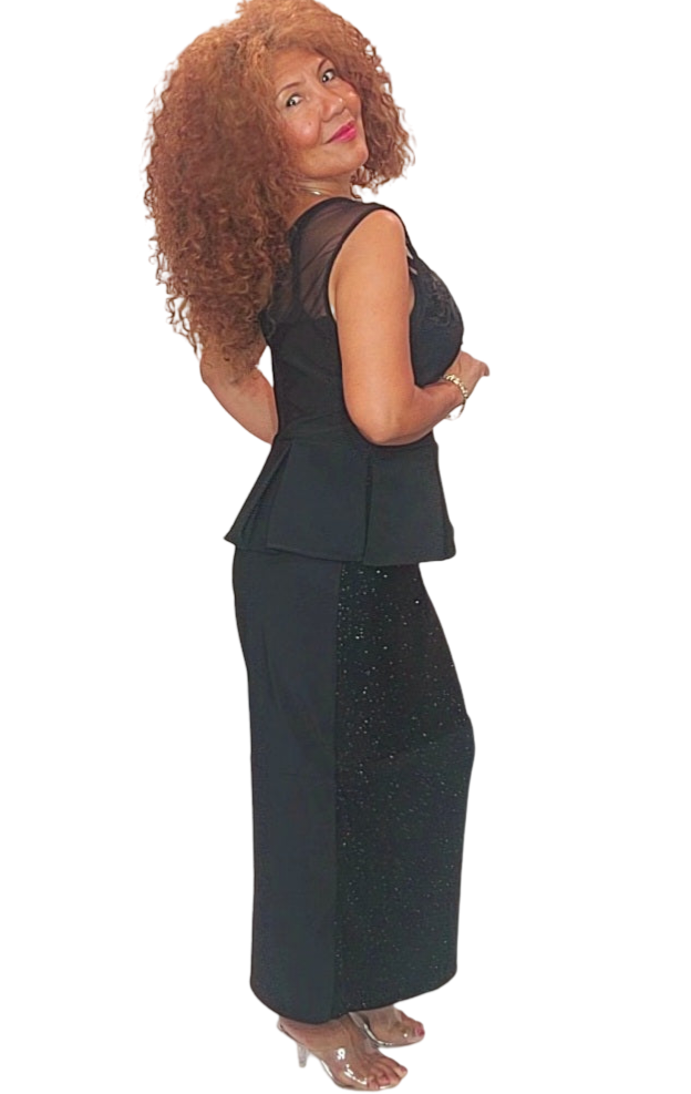 Fabulous look. This dress will have you turning heads all night long. One piece. Top has a romantic mesh just enough to see some skin. The bottom part has two different fabrics for a fabulous contrast of see me night see me day. Just exquisite...