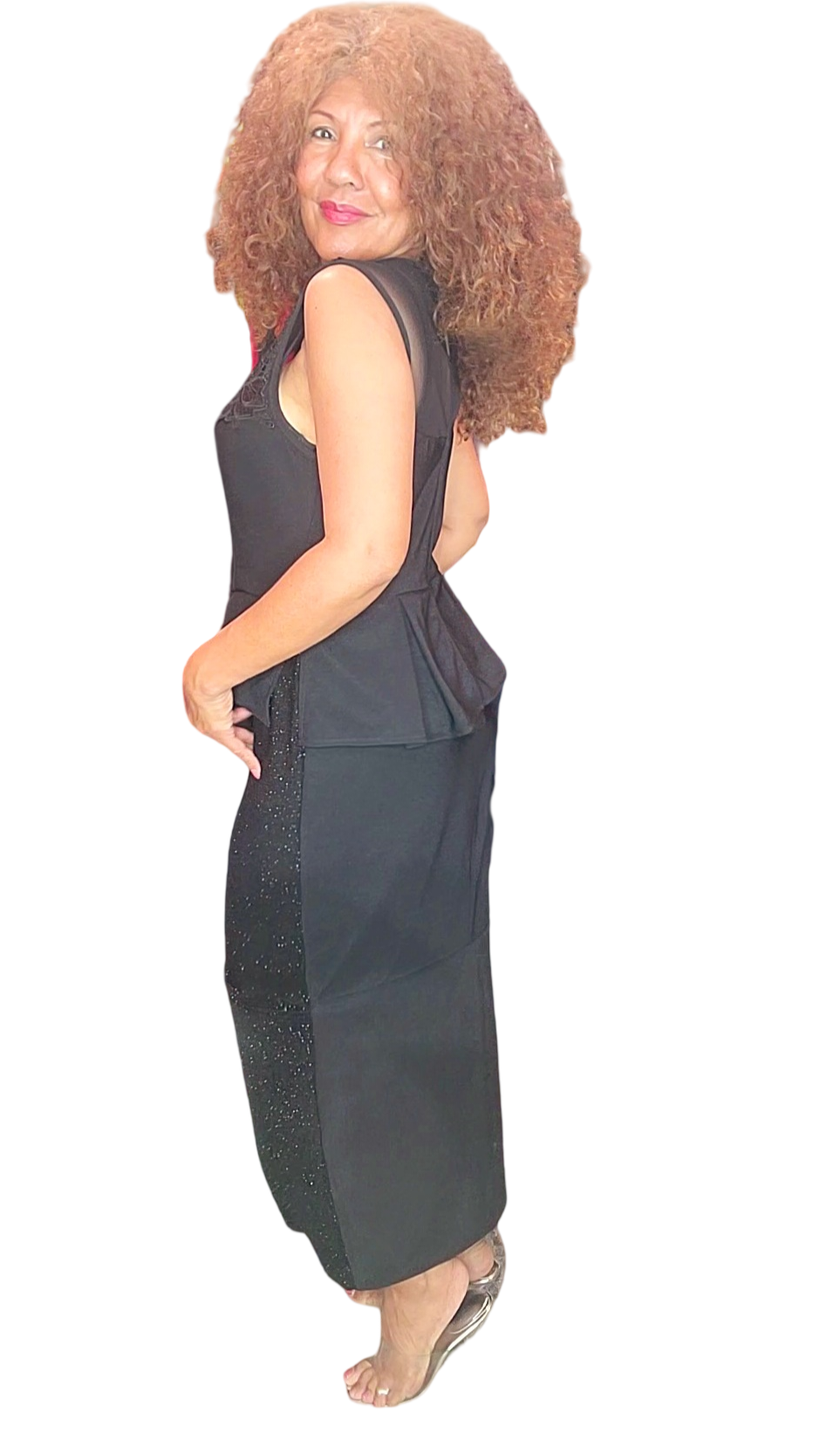 Fabulous look. This dress will have you turning heads all night long. One piece. Top has a romantic mesh just enough to see some skin. The bottom part has two different fabrics for a fabulous contrast of see me night see me day. Just exquisite...