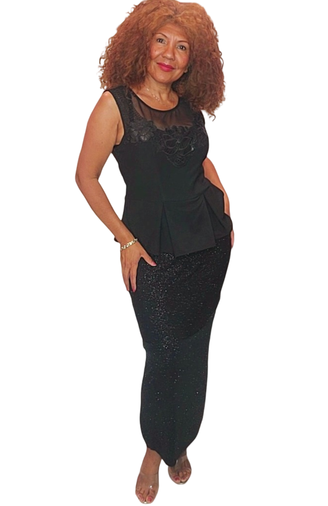 Fabulous look. This dress will have you turning heads all night long. One piece. Top has a romantic mesh just enough to see some skin. The bottom part has two different fabrics for a fabulous contrast of see me night see me day. Just exquisite...