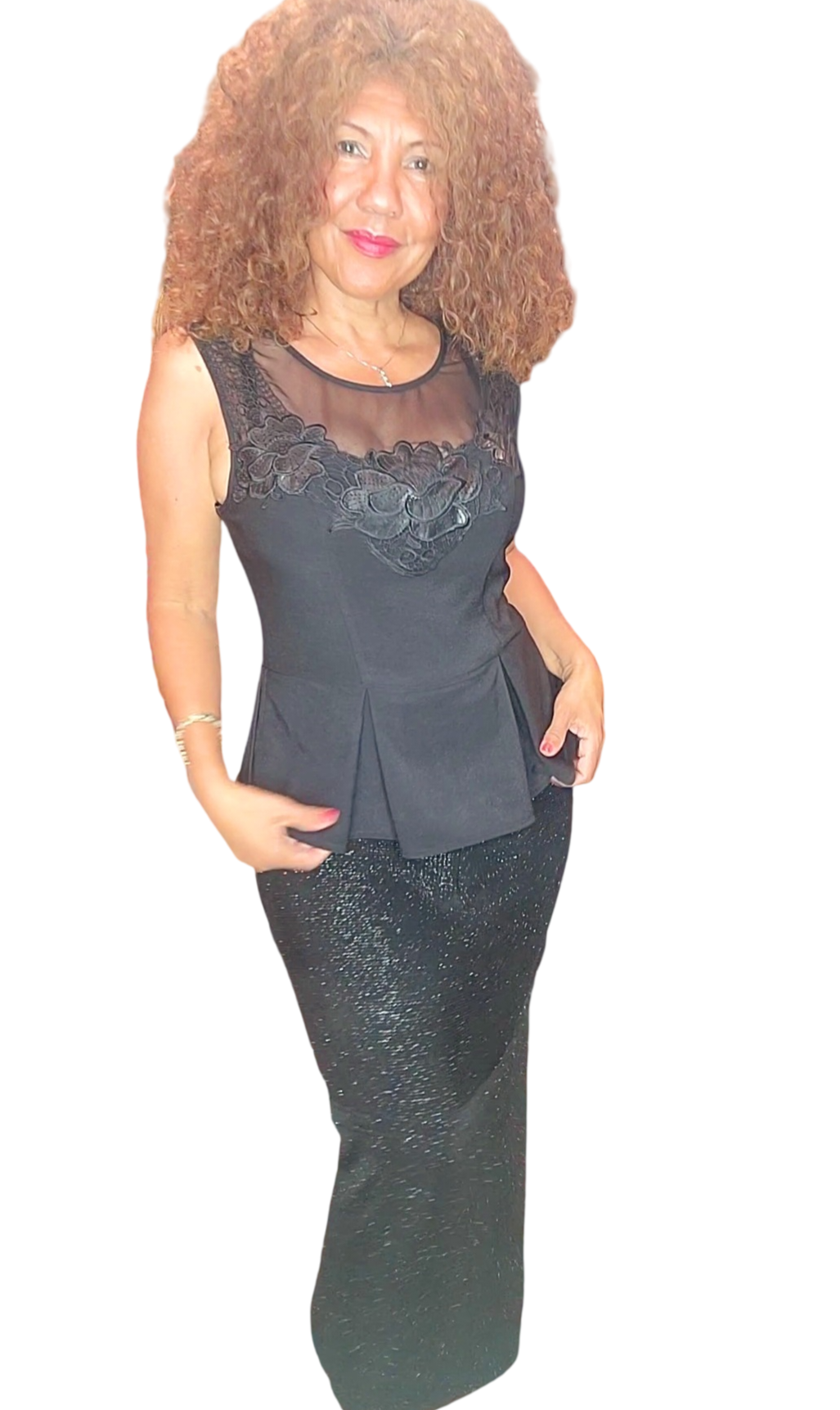 Fabulous look. This dress will have you turning heads all night long. One piece. Top has a romantic mesh just enough to see some skin. The bottom part has two different fabrics for a fabulous contrast of see me night see me day. Just exquisite...