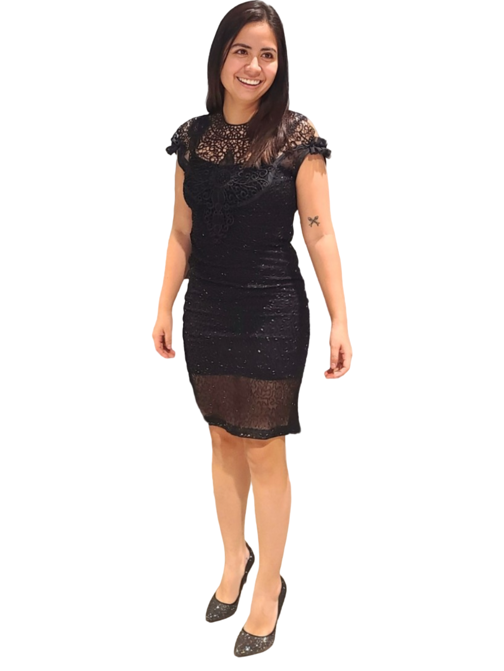 Black Dress Vintage details, sequins, and beads. Re-vamp to a more now a day style. Only the embellishments are left. Beading is beautiful. This is not your mother's dress. Well fitted and sexy style. Pure temptation and so unique...