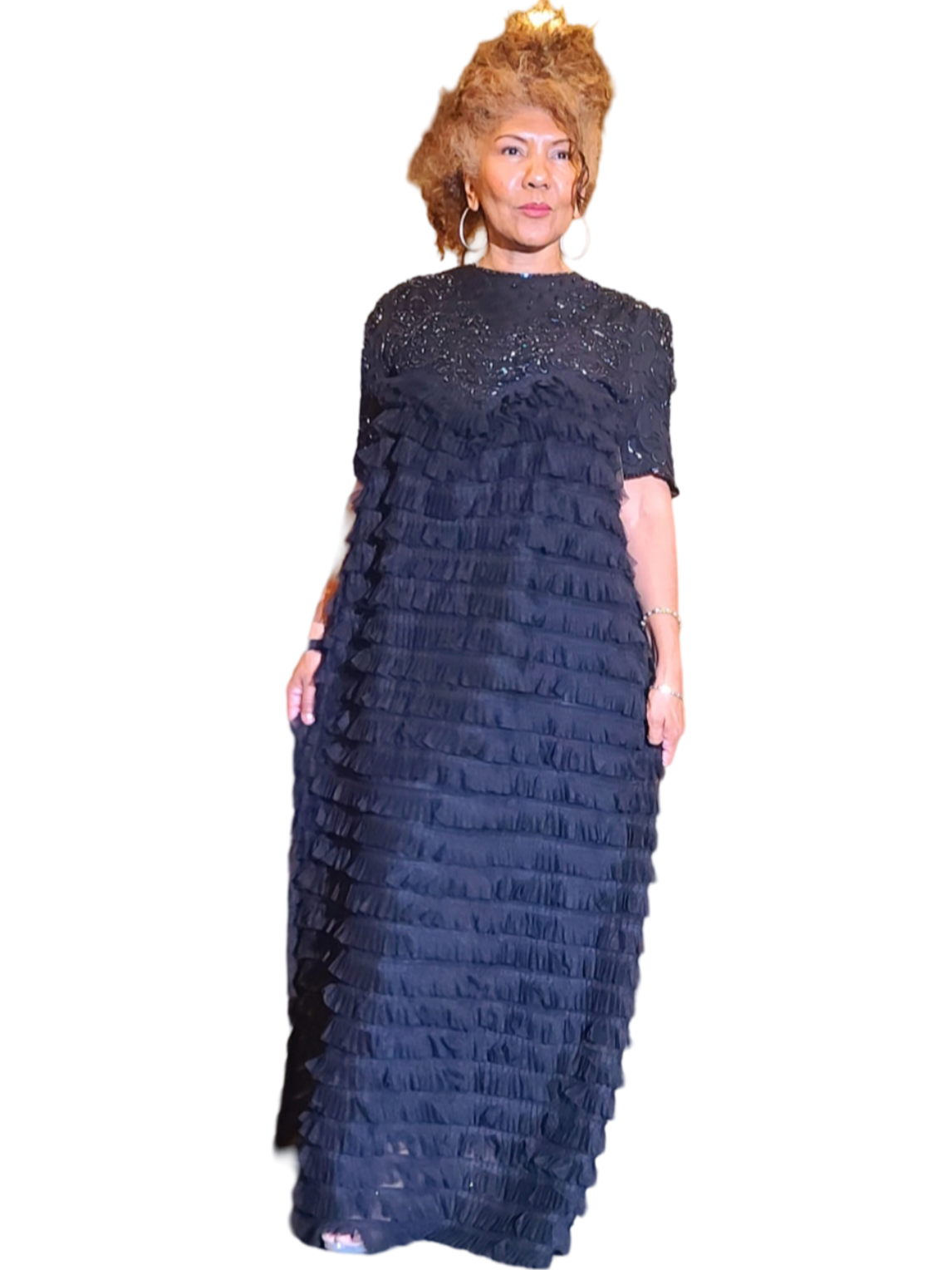 Unforgatable dresses are earth friendly. So shop with longetivity in mind and at the same time dress to achieve your goals. This sexy sheer dress is unforgettable. Floor length. Top has beautiful beads details with round neck. This dress is...