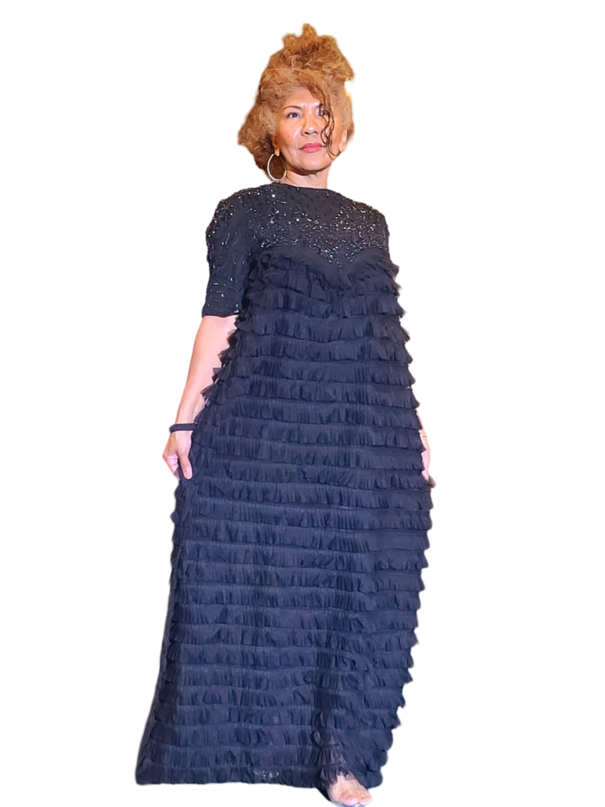 Unforgatable dresses are earth friendly. So shop with longetivity in mind and at the same time dress to achieve your goals. This sexy sheer dress is unforgettable. Floor length. Top has beautiful beads details with round neck. This dress is...