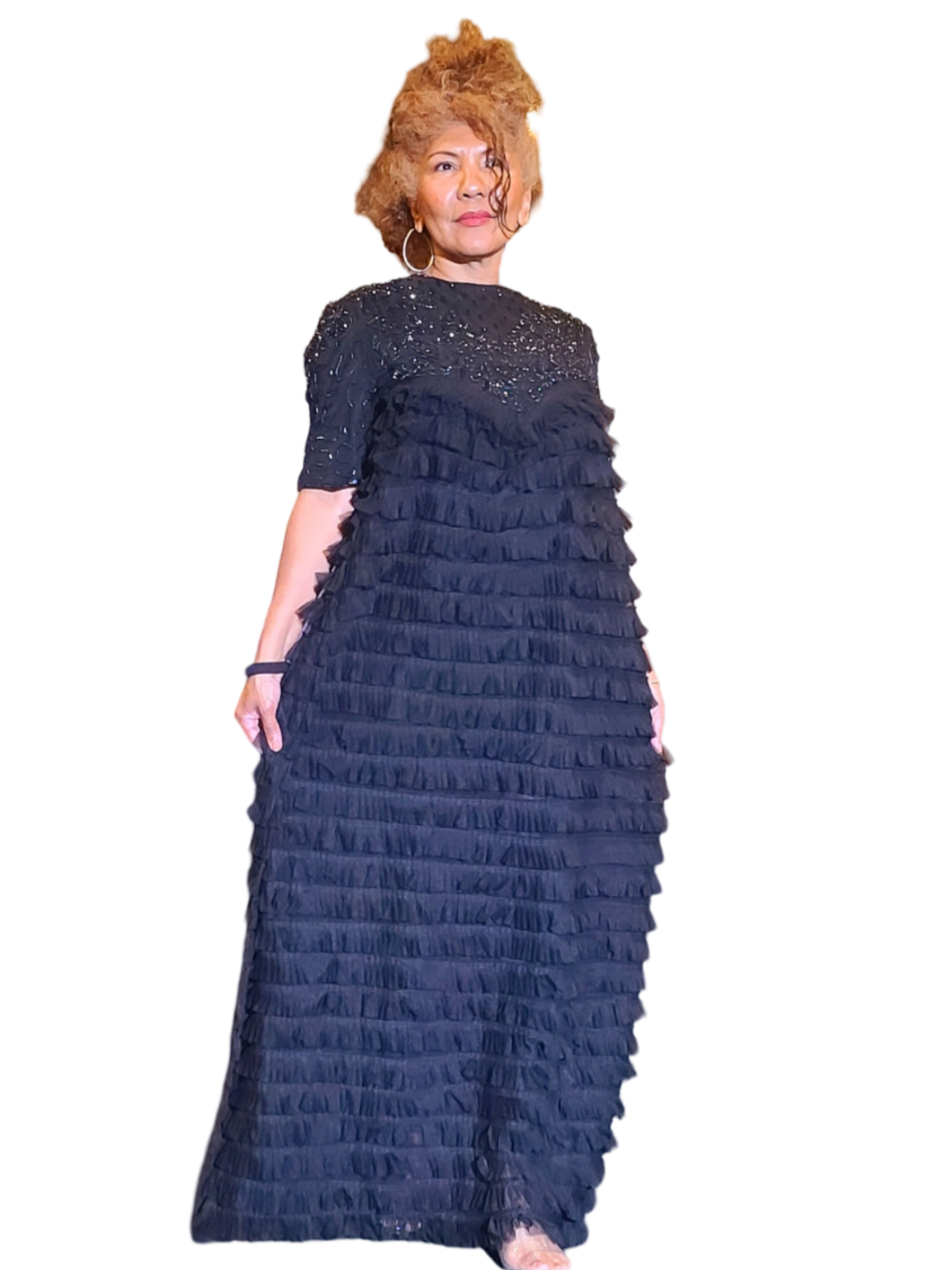 Unforgatable dresses are earth friendly. So shop with longetivity in mind and at the same time dress to achieve your goals. This sexy sheer dress is unforgettable. Floor length. Top has beautiful beads details with round neck. This dress is...
