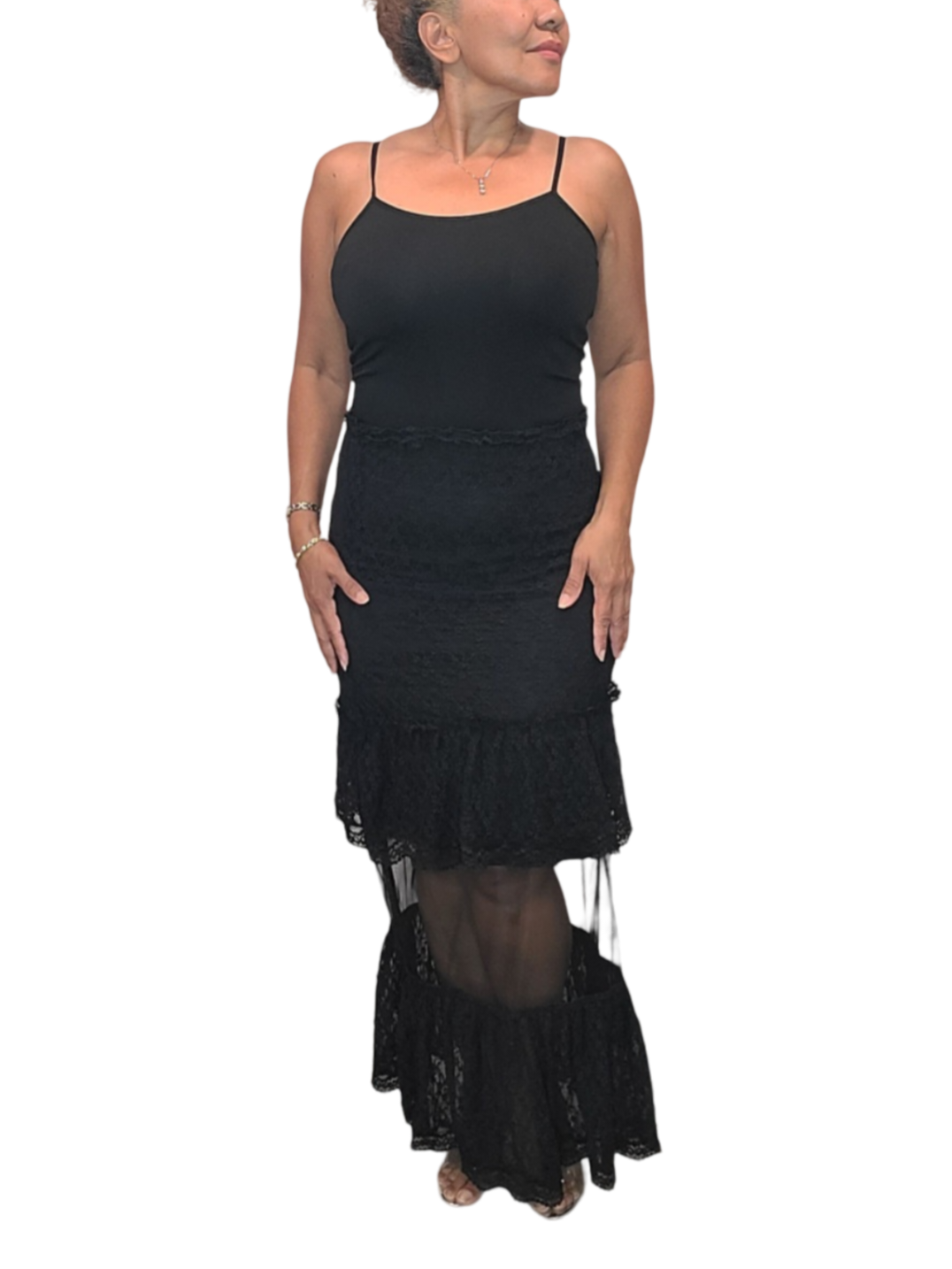 Hot Long Skirt. Raise the temperature of emotions and desires, not the temperature of Mother Earth. Prevent climate change. This skirt is flattering with cascading ruffle design on hem. Sexy sheer makes a statement. Eye catching. It's all in the...