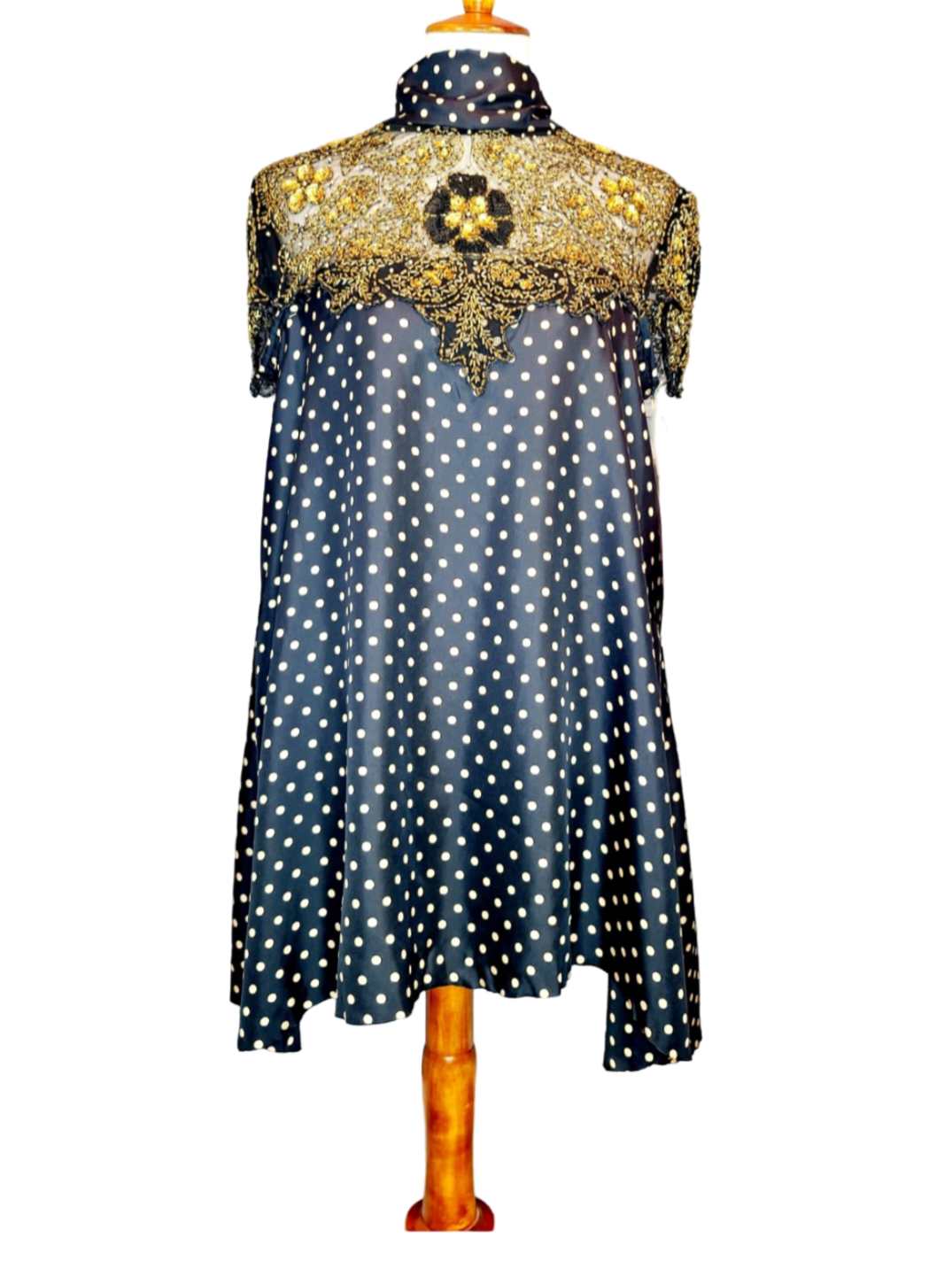 Adore Vintage Silk Dress. Yes, we adore sustainable fashion, like the clouds adore the sky. Let's be kind to Mother Earth. You will also adore this sparkling dress because it has gold beads and sequins, just exquisite. The turtle neck ties to the back..