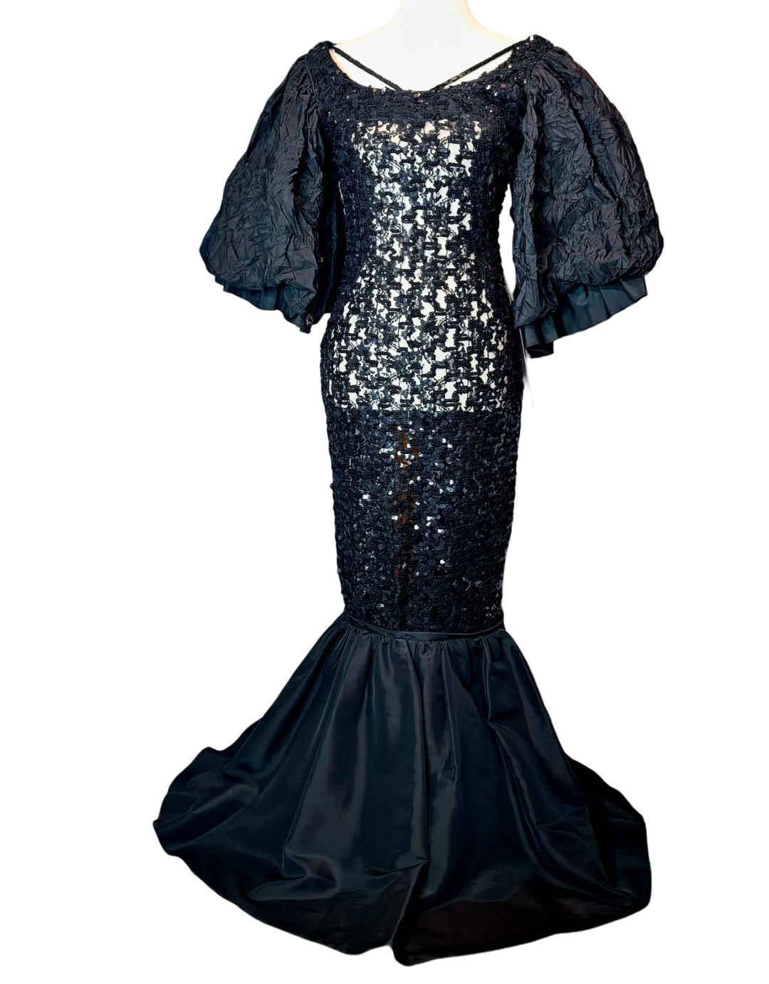 Campana Mermaid Dress. Couture sophisticated. Red carpet look. We love everything about this dress. Screams sophisticated. Mermaid dress with big ruffle sleeves. See through, add your undergarment to your liking. It's all in the details...