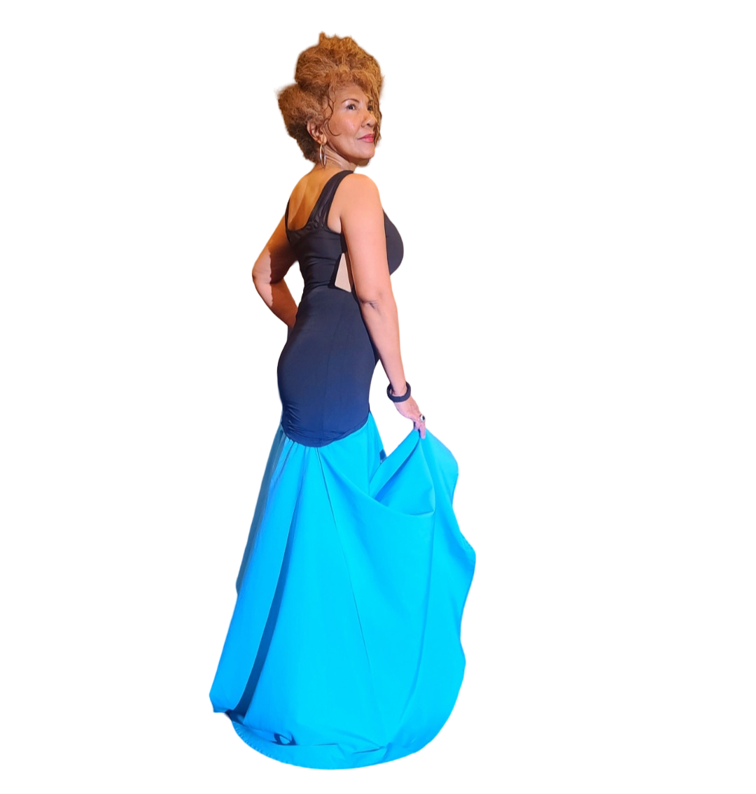 Cascade Blue Dress. Stunning, head turning design. Cascading ruffle hem. Perfect to fit body shape. This is the ultimate feminine any occasion dress...