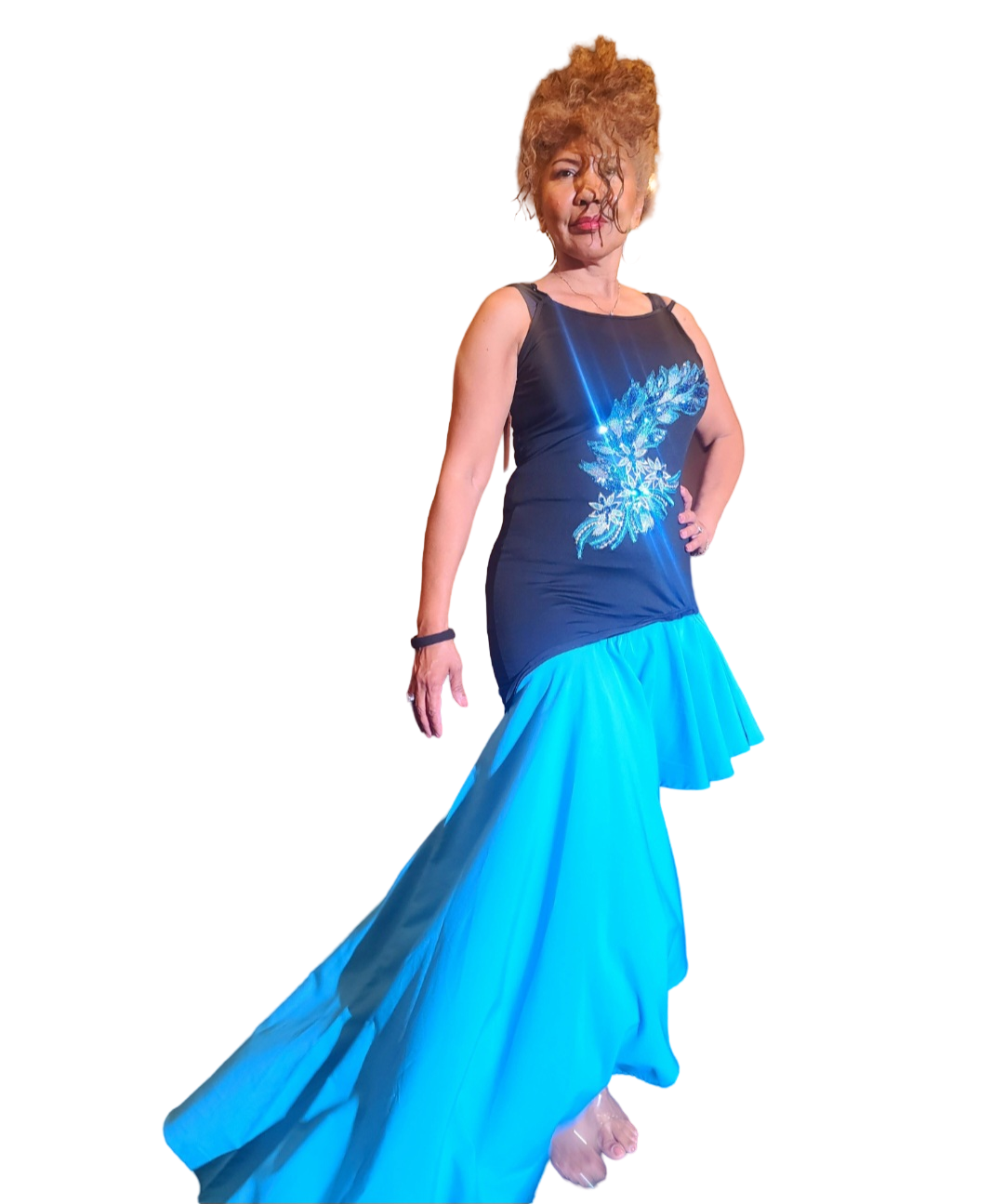 Cascade Blue Dress. Stunning, head turning design. Cascading ruffle hem. Perfect to fit body shape. This is the ultimate feminine any occasion dress...