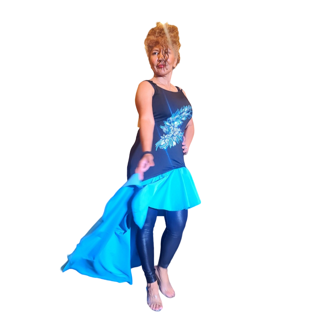 Cascade Blue Dress. Stunning, head turning design. Cascading ruffle hem. Perfect to fit body shape. This is the ultimate feminine any occasion dress...