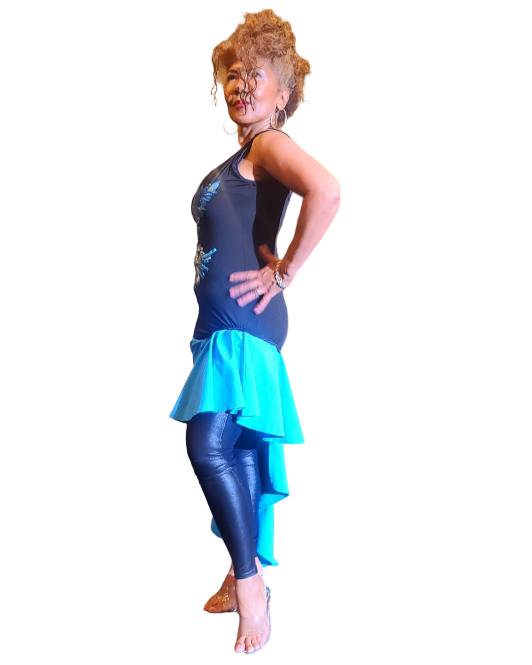Cascade Blue Dress. Stunning, head turning design. Cascading ruffle hem. Perfect to fit body shape. This is the ultimate feminine any occasion dress...