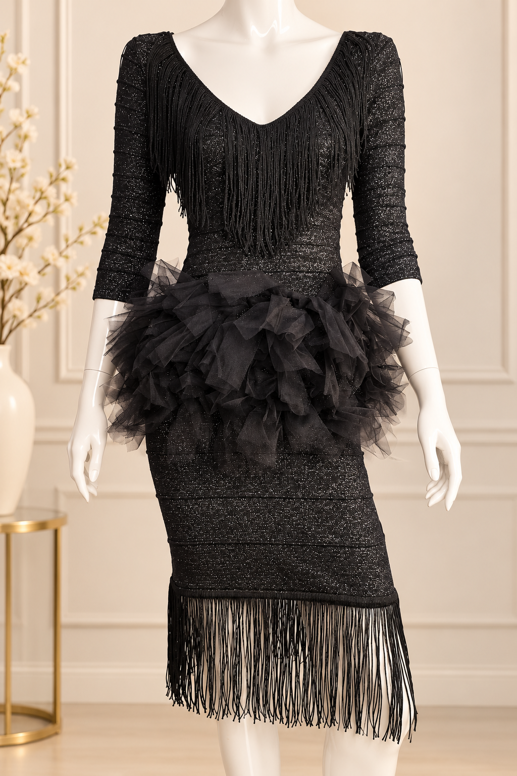 Midnight Glamour – Upcycled Black Fringe & Tulle Bodycon Dress