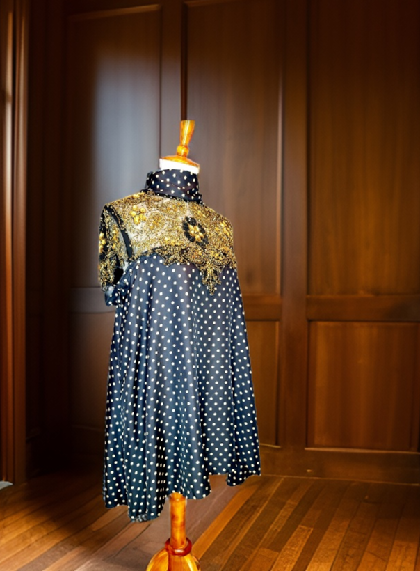 Adore Vintage Silk Dress. Yes, we adore sustainable fashion, like the clouds adore the sky. Let's be kind to Mother Earth. You will also adore this sparkling dress because it has gold beads and sequins, just exquisite. The turtle neck ties to the back..