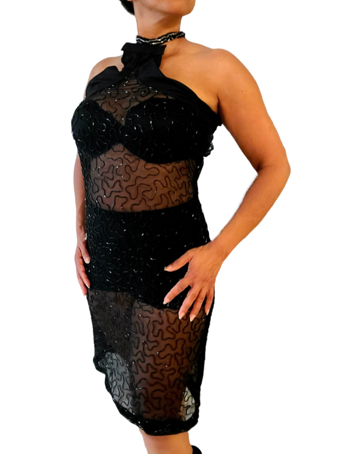 Don't shy away. The world is yours. Let's keep it healthy. Celebrate your curves with this evening dress. See through fabric high-quality beads. Elegant midi.  Back zipper closure and sleek halter bodice. Style as you want to show less or show more...