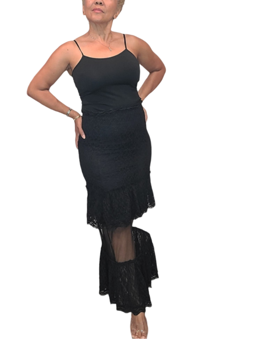 Hot Long Skirt. Raise the temperature of emotions and desires, not the temperature of Mother Earth. Prevent climate change.  This skirt is flattering with cascading ruffle design on hem. Sexy sheer makes a statement. Eye catching.  It's all in the...