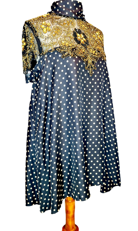 Adore Vintage Silk Dress. Yes, we adore sustainable fashion, like the clouds adore the sky. Let's be kind to Mother Earth.  You will also adore this sparkling dress because it has gold beads and sequins, just exquisite. The turtle neck ties to the back..