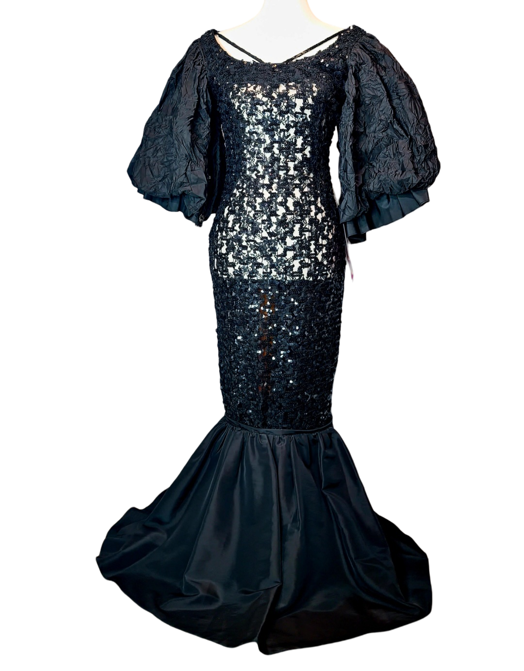 Campana Mermaid Dress. Couture sophisticated. Red carpet look. We love everything about this dress. Screams sophisticated.  Mermaid dress with big ruffle sleeves.  See through, add your undergarment to your liking. It's all in the details...