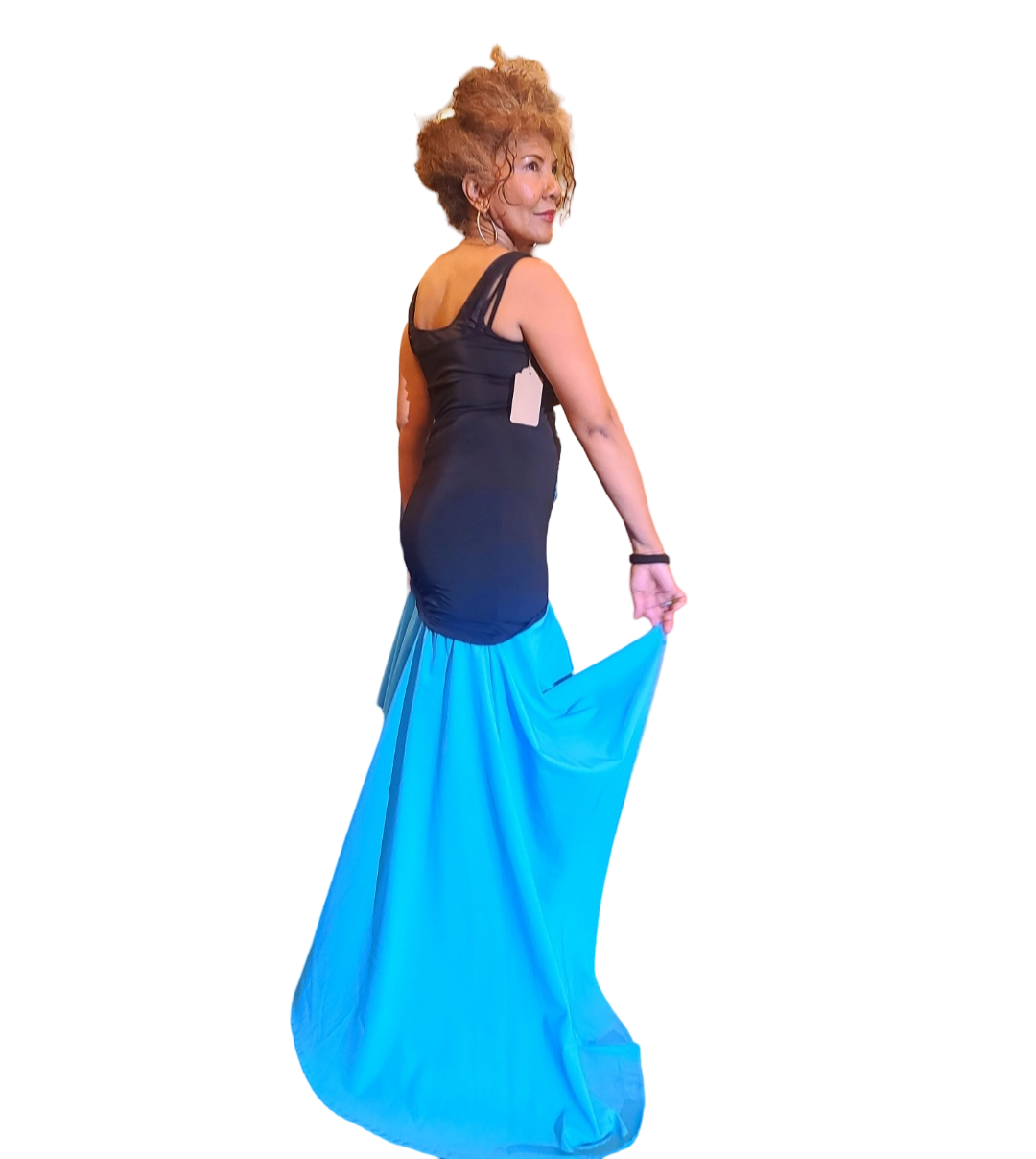 Cascade Blue Dress. Stunning, head turning design. Cascading ruffle hem. Perfect to fit body shape. This is the ultimate feminine any occasion dress...