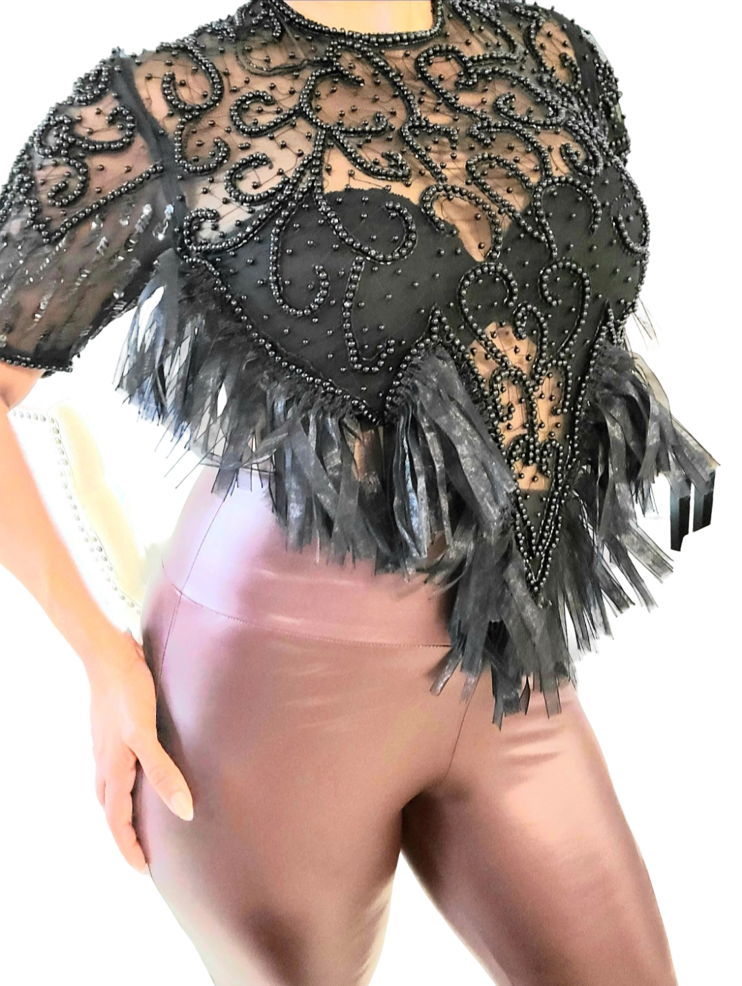 Magical Decorative Top Show Stopper. Sexy sheer. Ultimate feminine top.  Makes a statement. Eye-catching. It' all in the details. Crafted and re-vamp mesh fabric and beads details.  Round neck.  Beautiful flare. Backless with elastic band...
