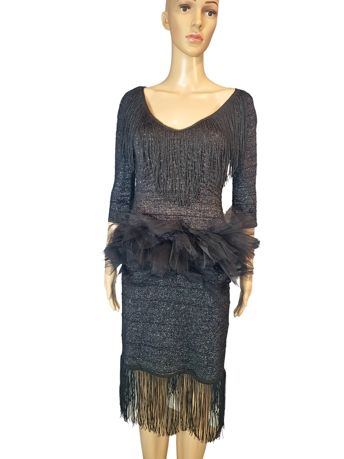 Rumba Dress.  All fashion created yesterday has a bigger value today. We love our garments because we use what exists, and the workmanship is exquisite.  Drip, Drip, Drip of elegance and style. Fringe trim is soft and perfect for movements,  dancing...