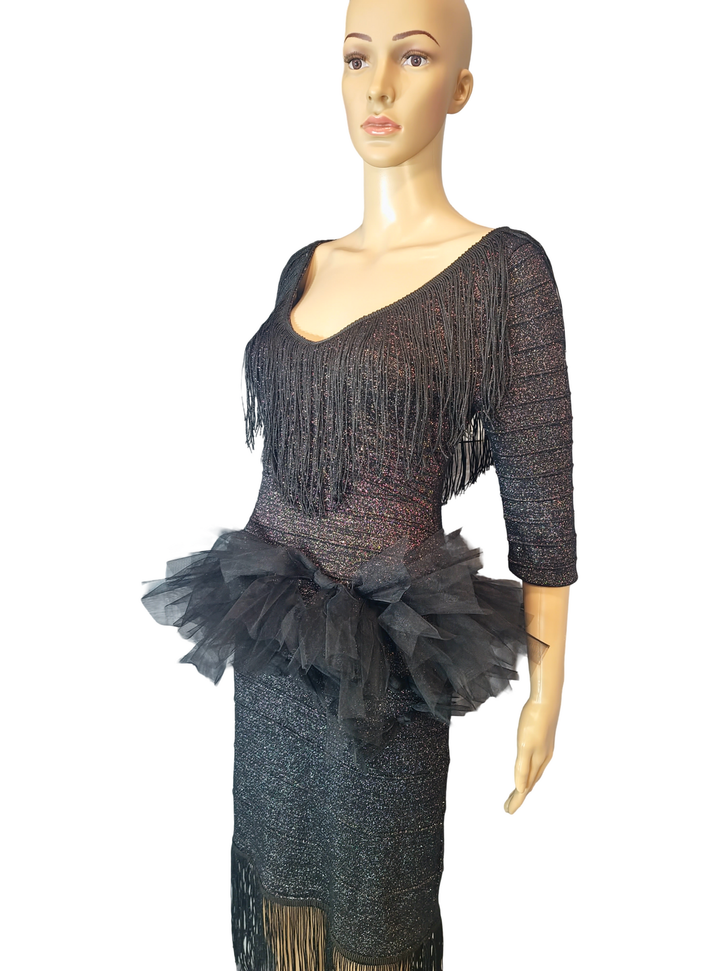 Rumba Dress.  All fashion created yesterday has a bigger value today. We love our garments because we use what exists, and the workmanship is exquisite.  Drip, Drip, Drip of elegance and style. Fringe trim is soft and perfect for movements,  dancing...