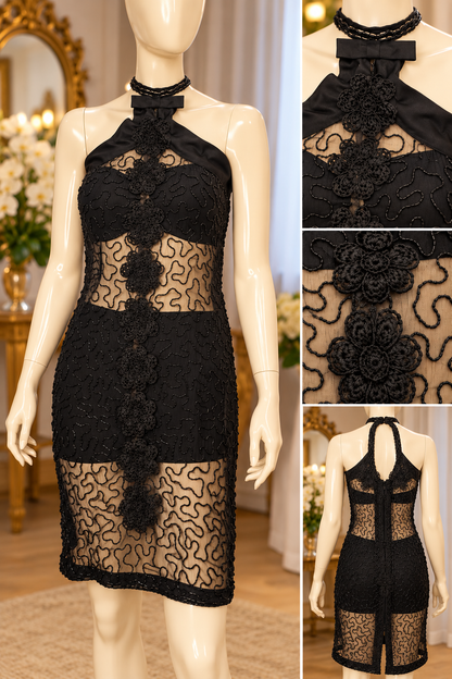 Vintage Revival – Black Floral Beaded Halter Dress