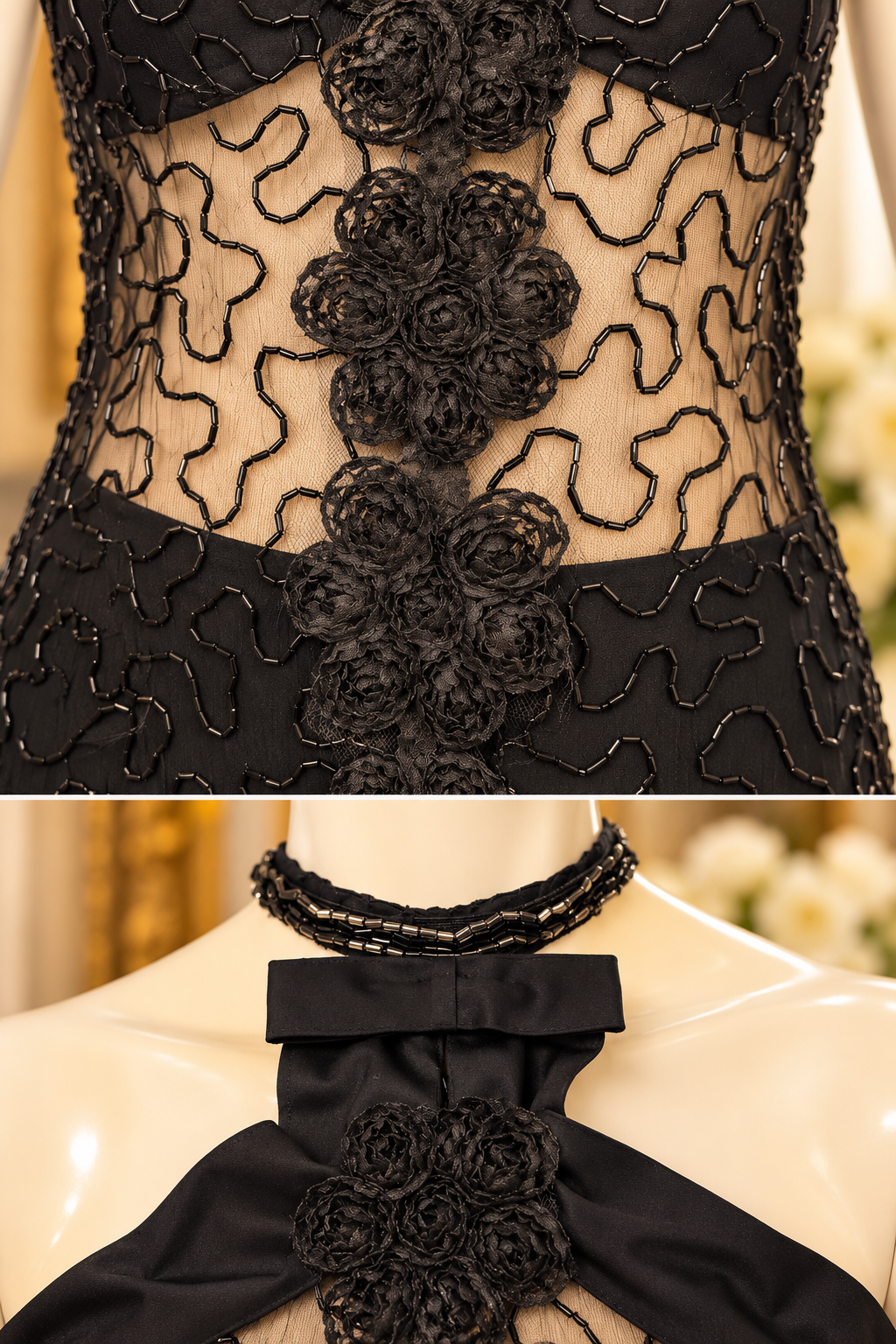 Vintage Revival – Black Floral Beaded Halter Dress