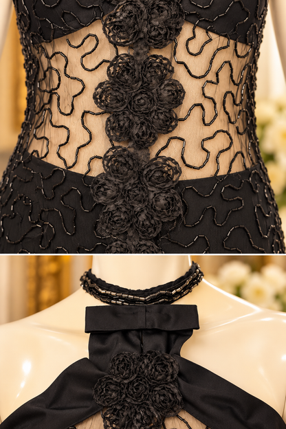 Vintage Revival – Black Floral Beaded Halter Dress