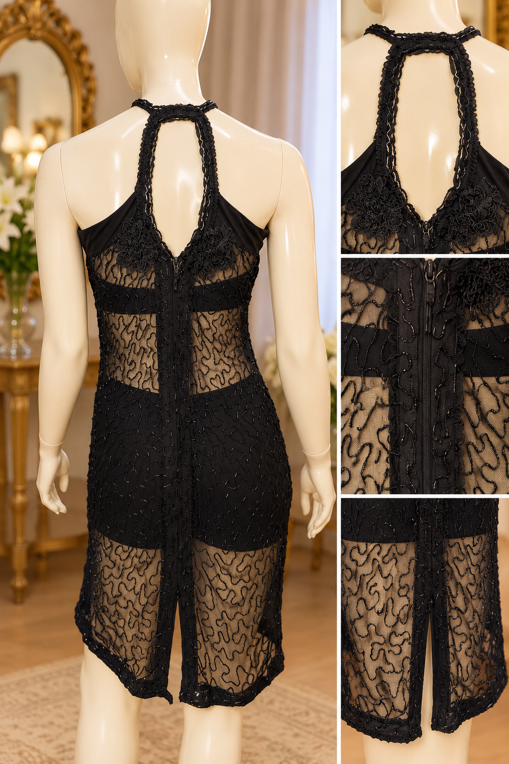 Vintage Revival – Black Floral Beaded Halter Dress