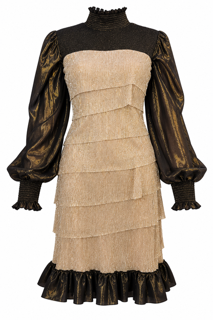 Golden Harmony – One-of-a-Kind Upcycled Gold Brown & Gold Tiered Dress
