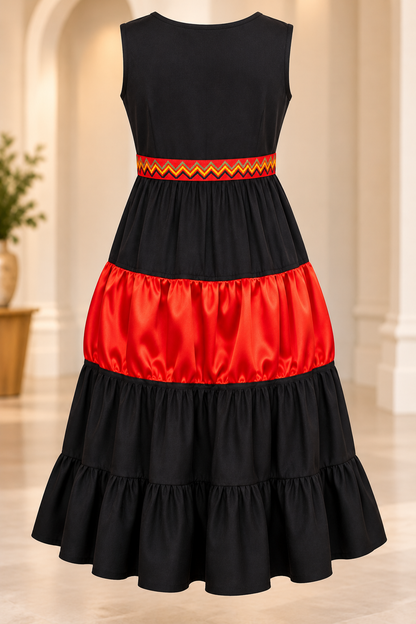 Scarlet Revival – Upcycled Black & Red Tiered Midi Dress
