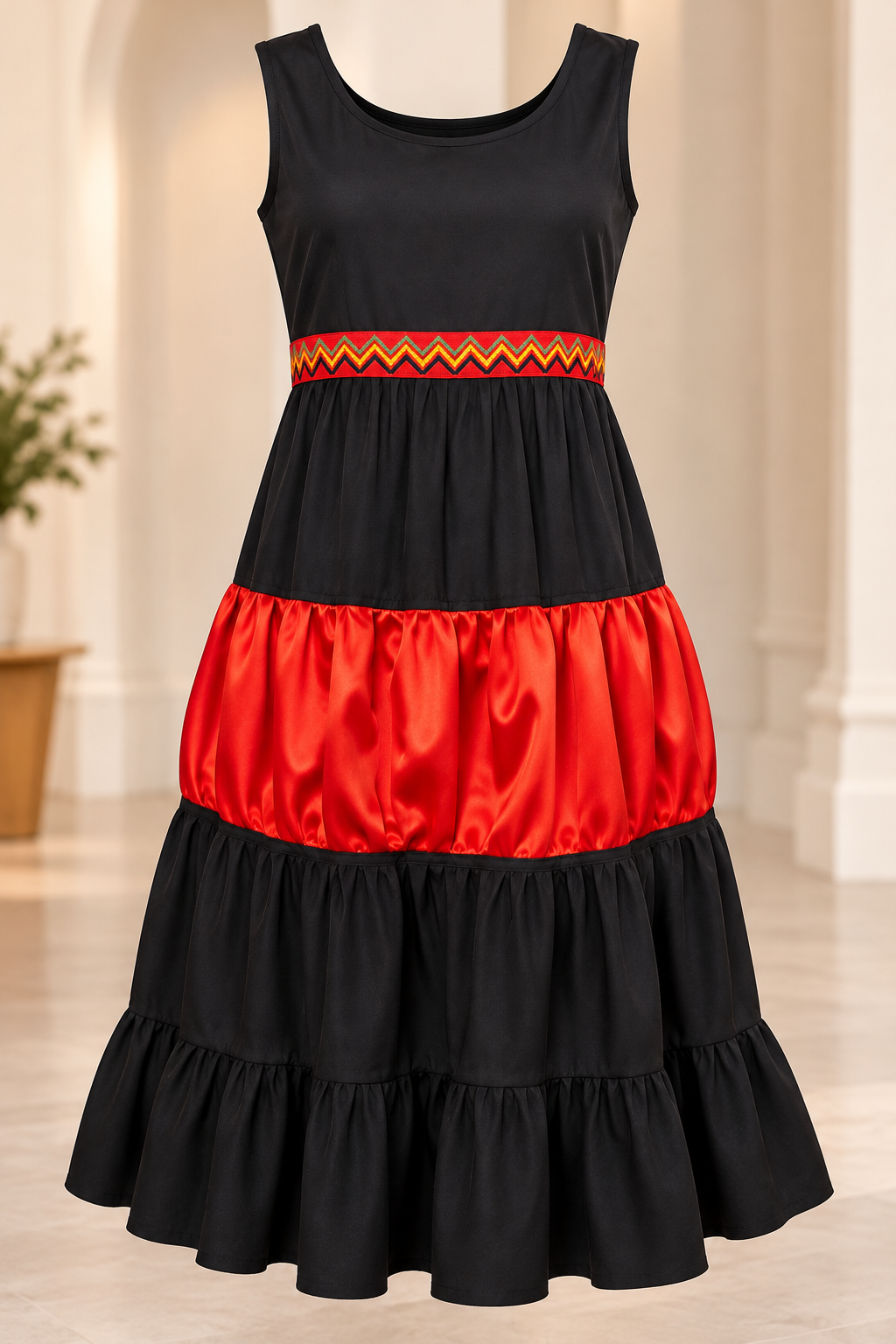 Scarlet Revival – Upcycled Black & Red Tiered Midi Dress