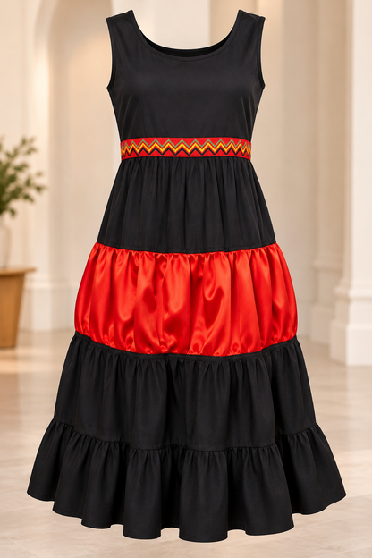 Scarlet Revival – Upcycled Black & Red Tiered Midi Dress