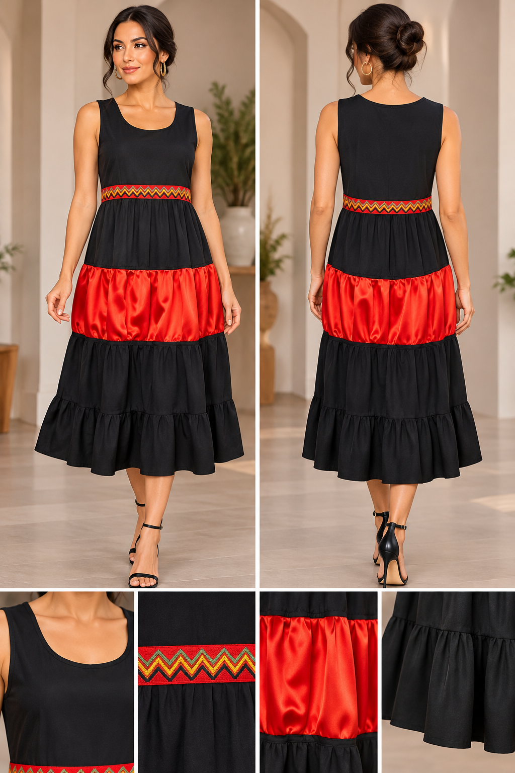 Scarlet Revival – Upcycled Black & Red Tiered Midi Dress