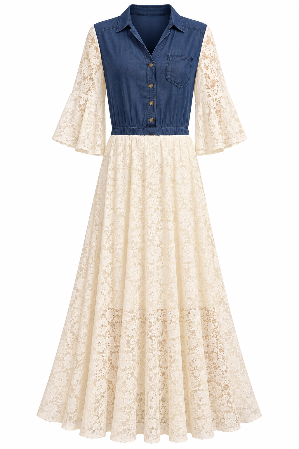 Denim Meets Romance – One-of-a-Kind Upcycled Lace Maxi Dress