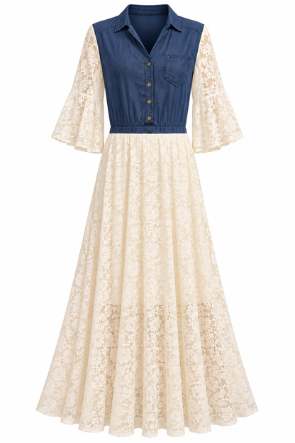 Denim Meets Romance – One-of-a-Kind Upcycled Lace Maxi Dress