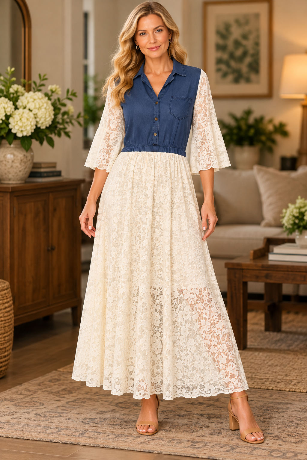 Denim Meets Romance – One-of-a-Kind Upcycled Lace Maxi Dress
