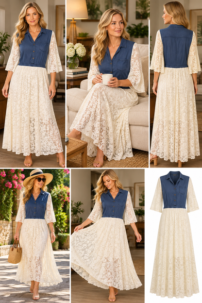 Denim Meets Romance – One-of-a-Kind Upcycled Lace Maxi Dress