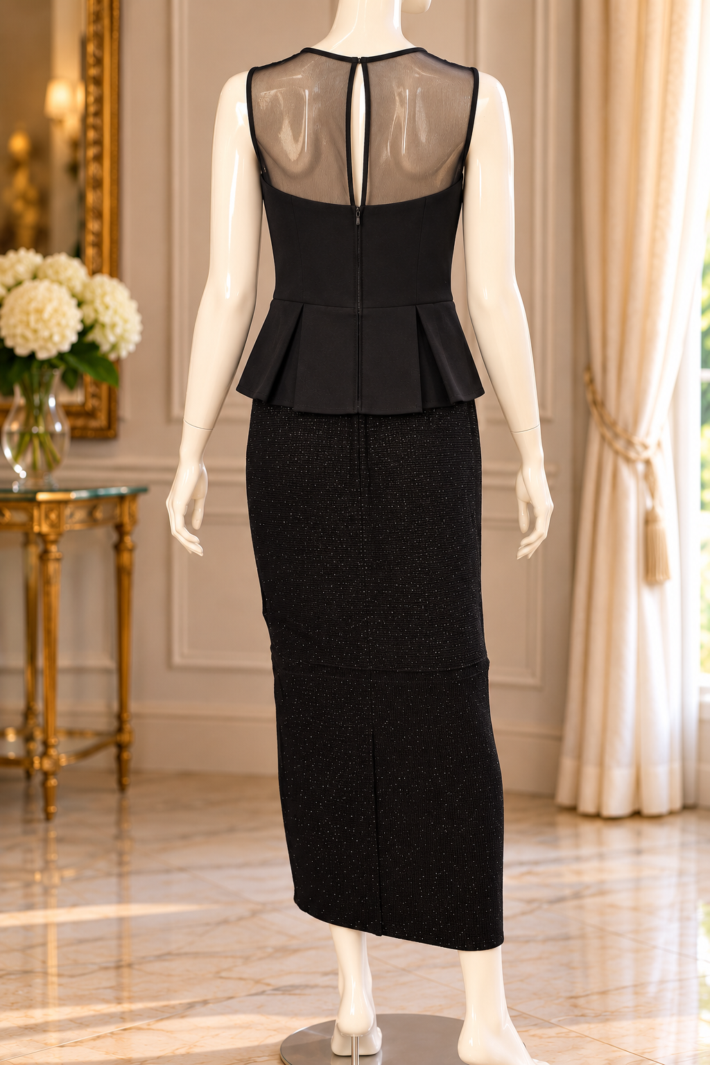 Midnight Sparkle – Reinvented Black Lace & Peplum Dress