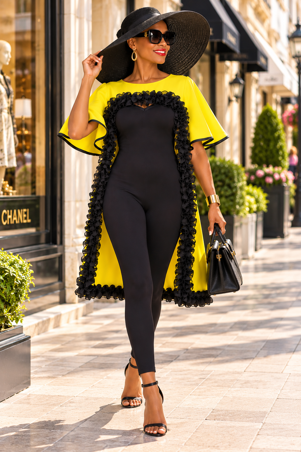 Golden Sunshine – Upcycled Yellow & Black Ruffle Statement Tunic