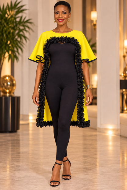 Golden Sunshine – Upcycled Yellow & Black Ruffle Statement Tunic