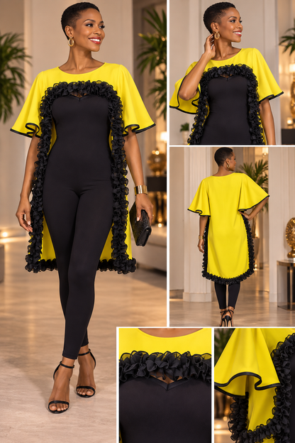 Golden Sunshine – Upcycled Yellow & Black Ruffle Statement Tunic