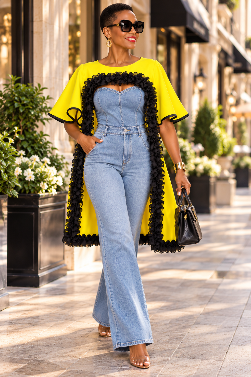 Golden Sunshine – Upcycled Yellow & Black Ruffle Statement Tunic