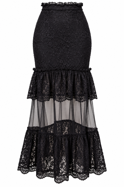 Midnight Romance – Reinvented Black Lace & Sheer Maxi Skirt