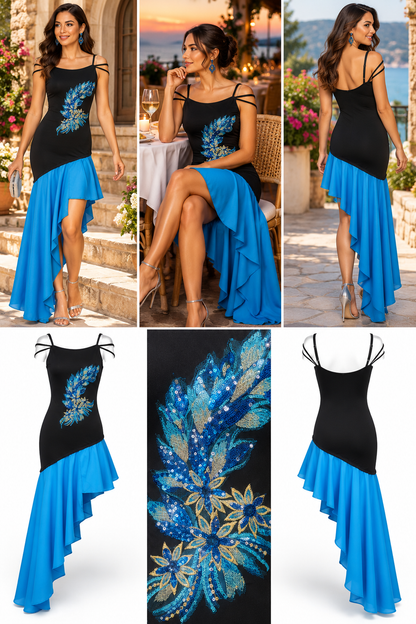 Midnight Blue Bloom – Upcycled Asymmetrical Statement Dress