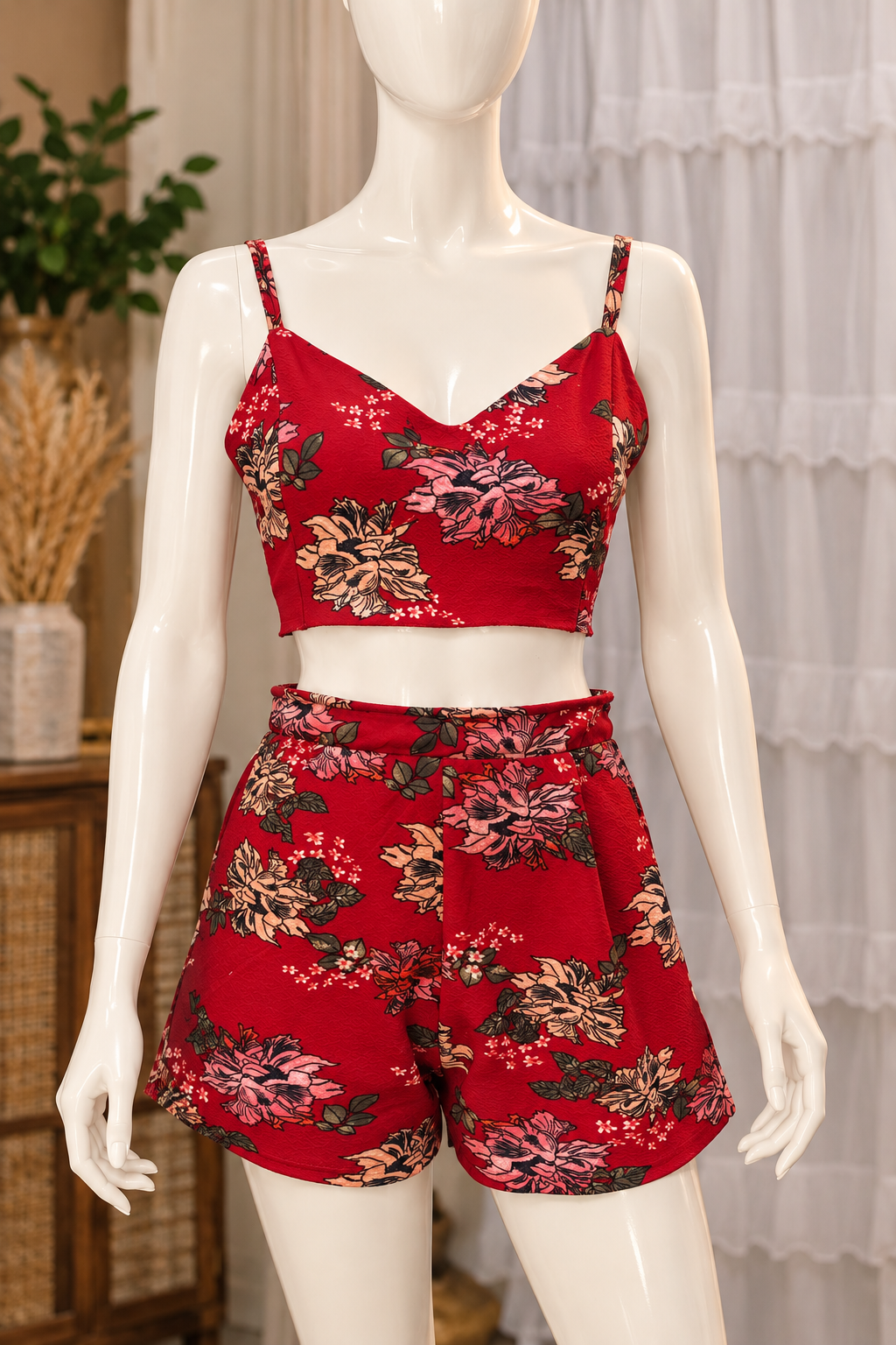Tropical Bloom – Red Floral Two-Piece Crop Top & Shorts Set | Upcycled Summer Fashion