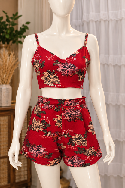 Tropical Bloom – Red Floral Two-Piece Crop Top & Shorts Set | Upcycled Summer Fashion
