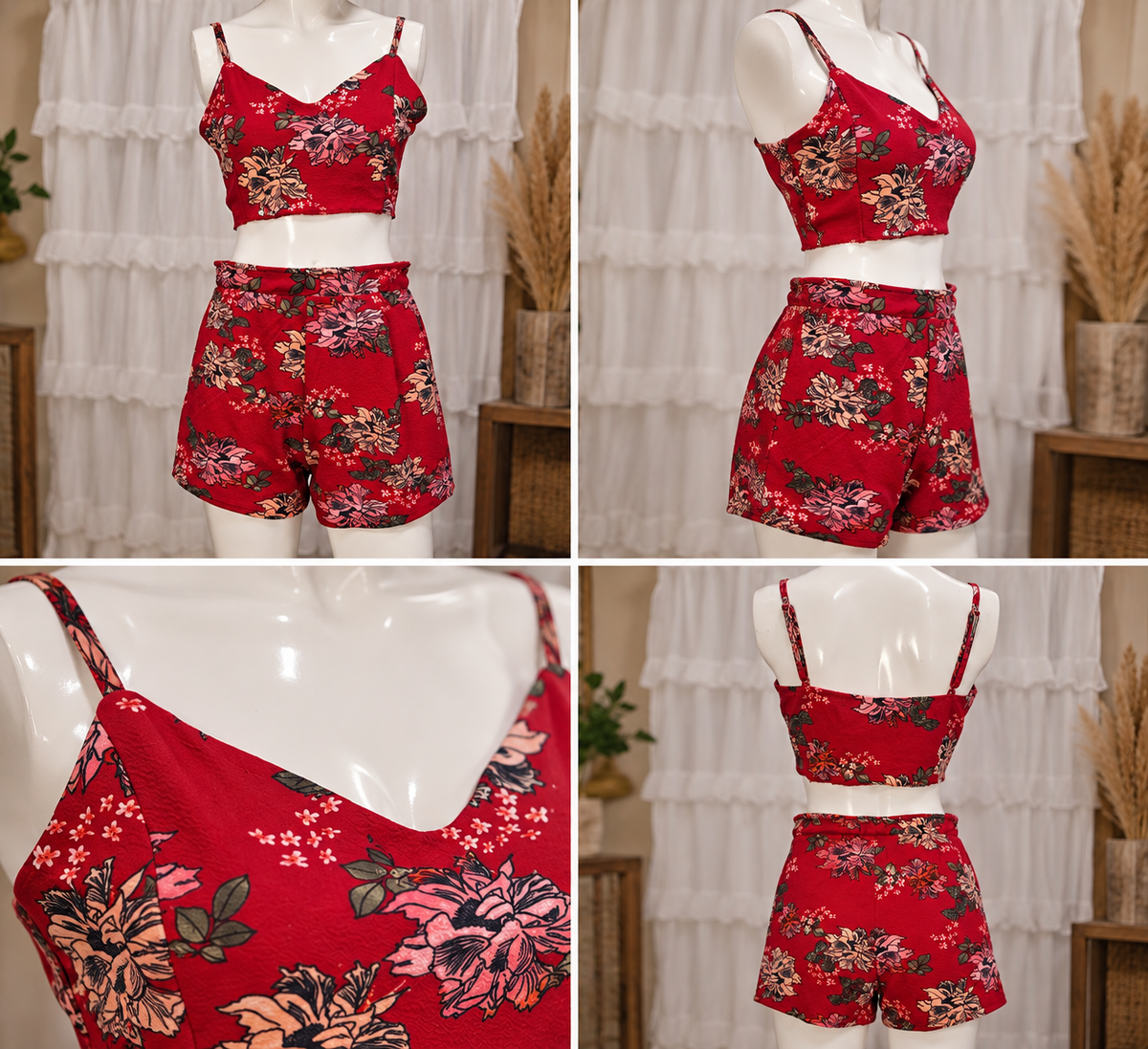 Tropical Bloom – Red Floral Two-Piece Crop Top & Shorts Set | Upcycled Summer Fashion