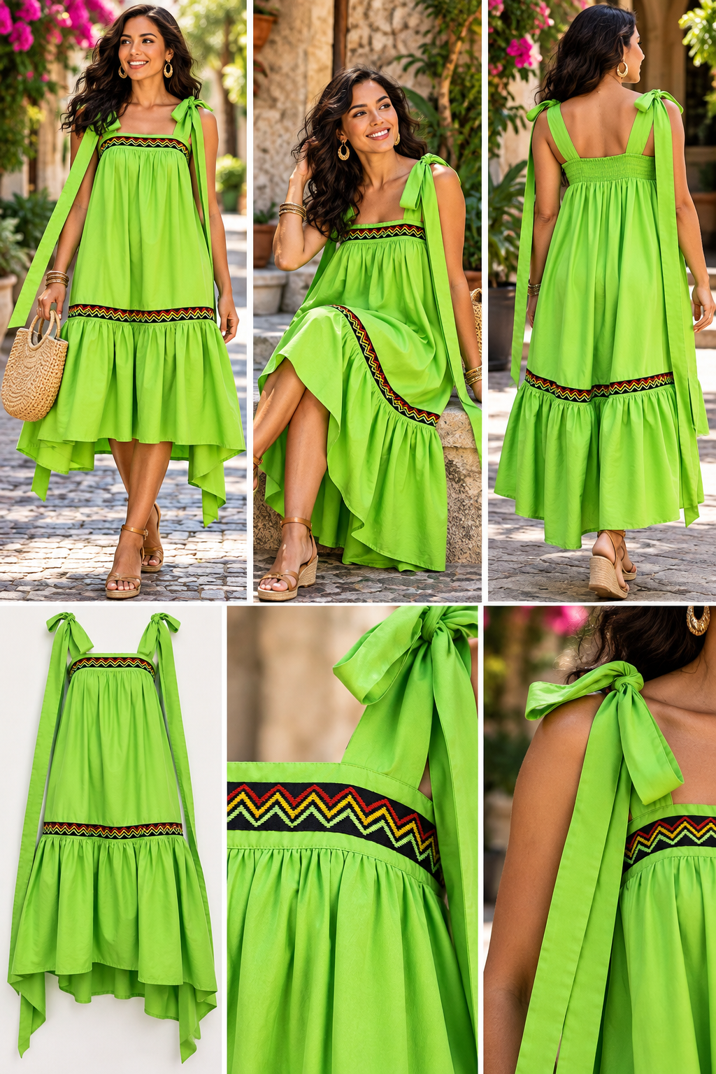 Tropical Escape – Lime Green Bohemian Dress with Shoulder Ties